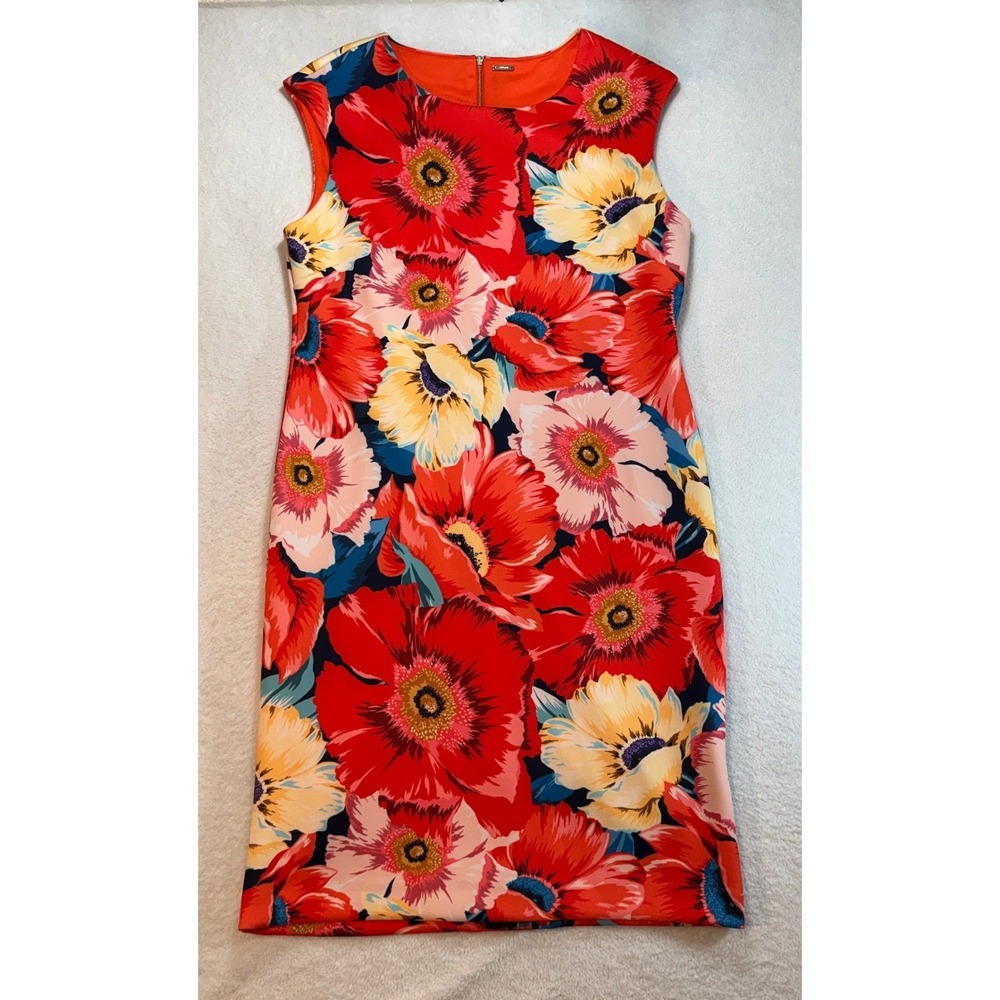 Tahari Red Floral Sleeveless Sheath Dress Scuba Stretch Gold Zip Size 14, NO TAG